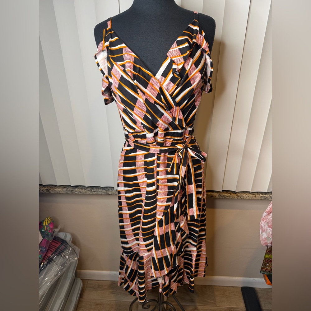 Ann Taylor black and orange geometric pattern wrap dress Size 12